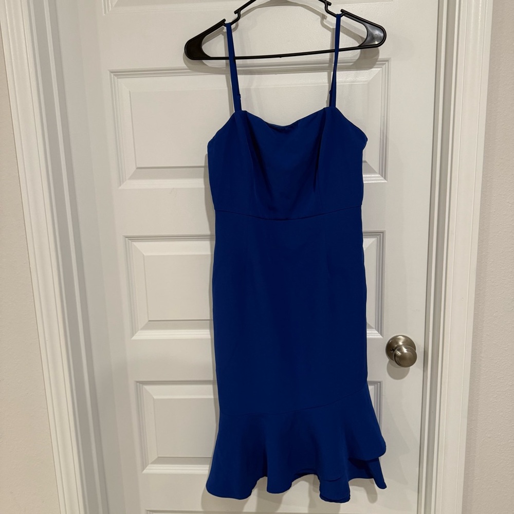 Lulu's Royal Blue Midi Dress with Spaghetti Straps and Flare Bottom